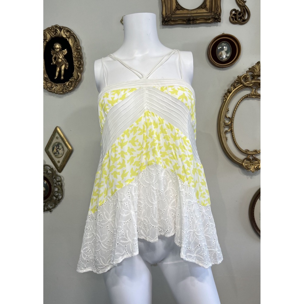 Leifnotes Yellow & White Bird Print Viscose Lace Camisole Size 6